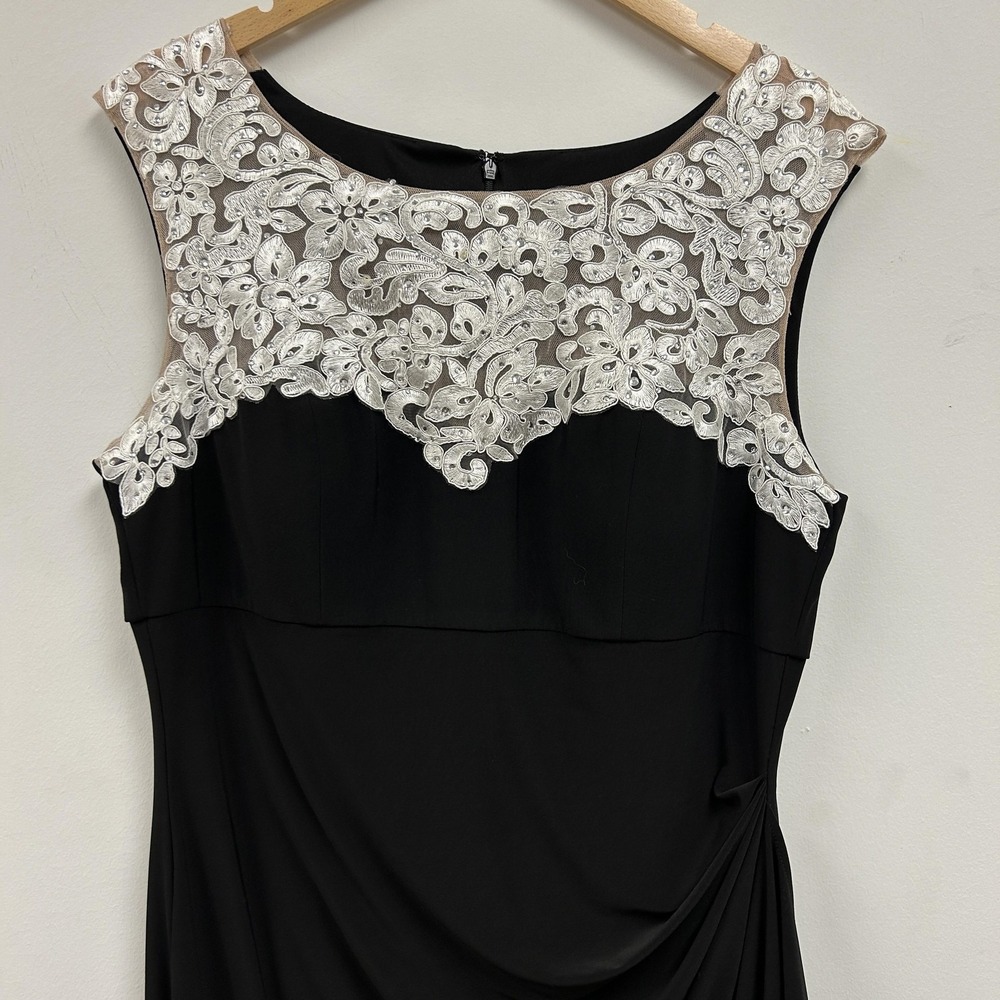 Alex Evenings Dress Womens 16P Black Sleeveless Embroidered Sheath Long Formal